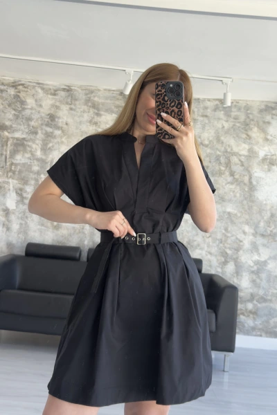 Siyah Kemer Detaylı Muadil Elbise