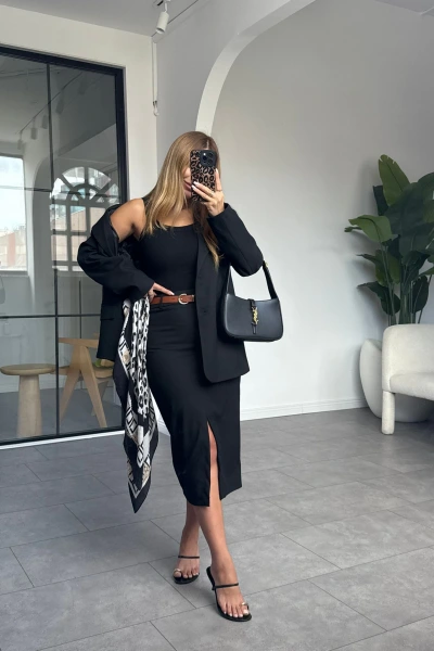 SİYAH KEMERLİ KALEM ETEK