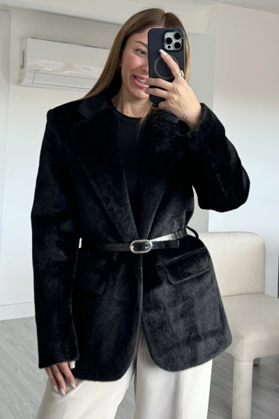 Siyah Kemerli Premium Kalite Peluş Ceket