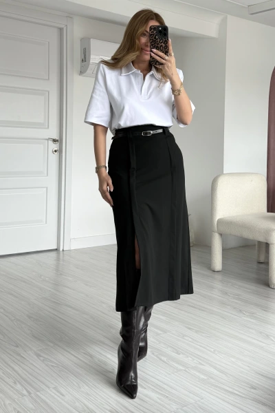 Siyah Kemerli Yırtmaçlı Etek