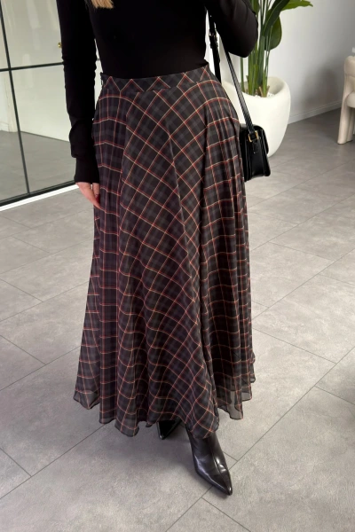 SİYAH KIRMIZI EKOSE DESEN ŞİFON ETEK