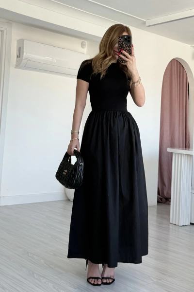 Siyah Kısa Kollu Uzun Elbise