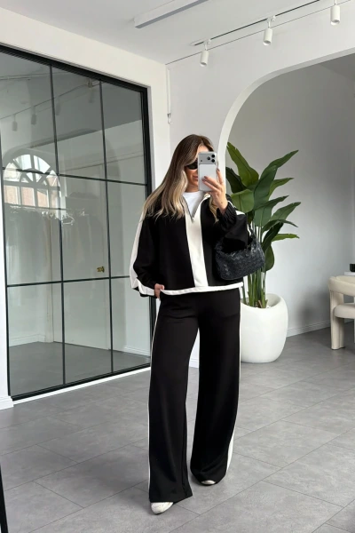 SİYAH KREM ŞERİT DETAYLI MODAL TAKIM