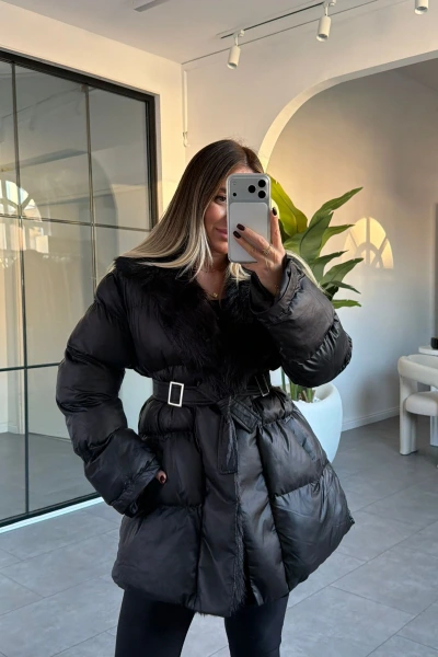 SİYAH KÜRK DETAY ŞİŞME MONT