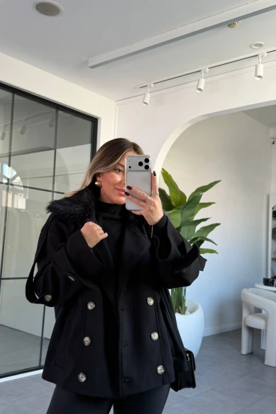 SİYAH KÜRK YAKA KISA KAŞE KABAN