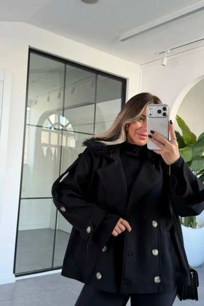 SİYAH KÜRK YAKA KISA KAŞE KABAN