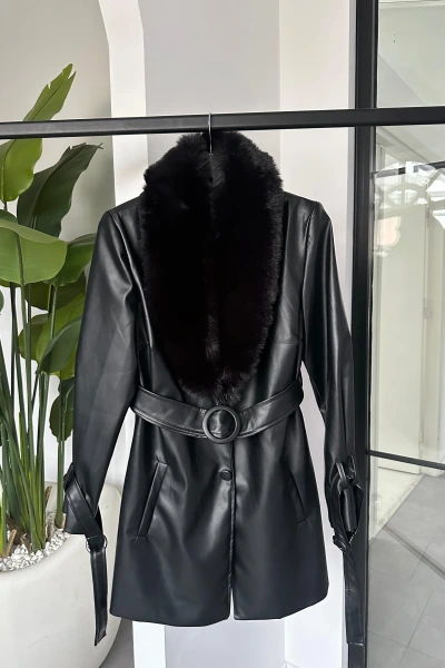 SİYAH KÜRK YAKA MİDİ BOY DERİ CEKET