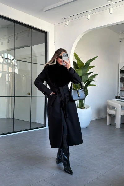 SİYAH KÜRK YAKA PREMİUM KAŞE KABAN