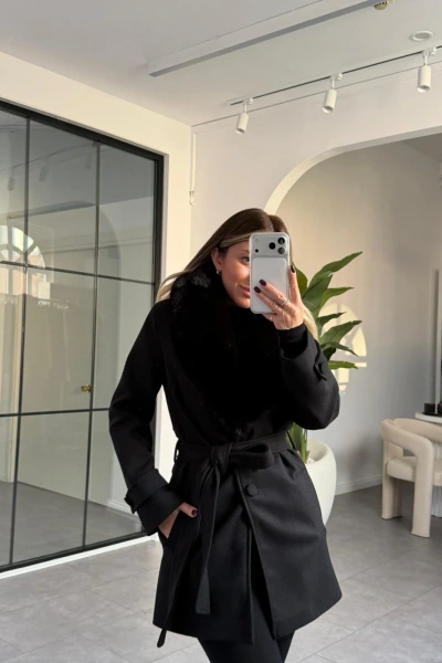 SİYAH KÜRK YAKA PREMİUM KISA KAŞE KABAN