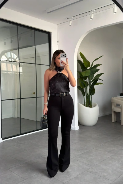 SİYAH LİKRALI İSPANYOL PAÇA PANTOLON