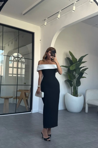 SİYAH MADONNA YAKA ELBİSE