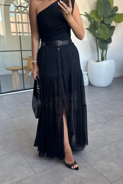 SİYAH ÖNDEN DÜĞMELİ KEMERLİ ŞİFON ETEK