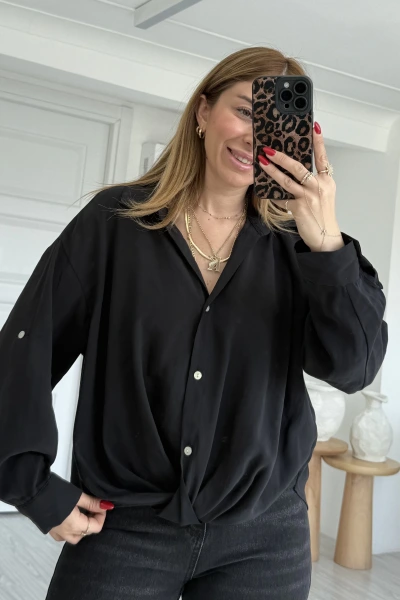 Siyah Önü Düğüm Detay Düşük Omuz Gömlek