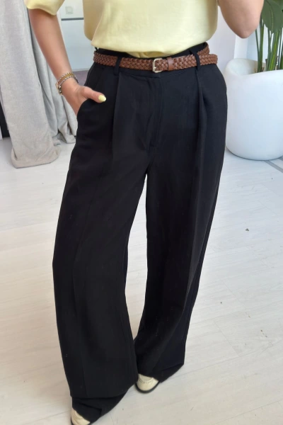 Siyah Örgü Kemerli Pantalon