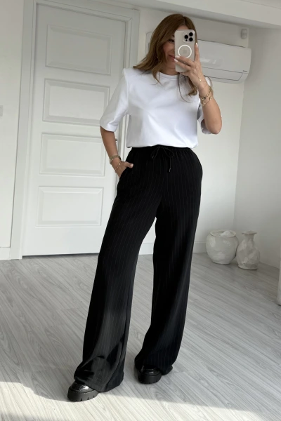 Siyah Oysh Marka Çizgili Modal Pantolon