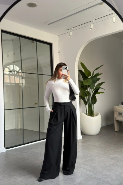 SİYAH PENSLİ DÖKÜMLÜ PALAZZO PANTOLON