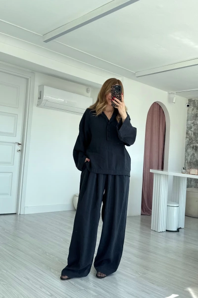 Siyah Polo Yaka Bluz Pantolon Takım