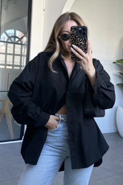 Siyah Poplin Kumaş Basic Oversize Gömlek