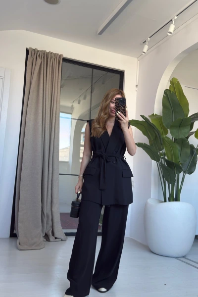 SİYAH PREMİUM KALİTE PR YELEKLİ TAKIM