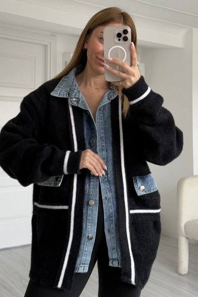 Siyah Şeritli Kot Detay Premium Kalite Sakallı Hırka