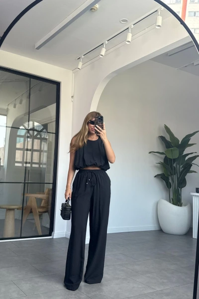 SİYAH SIFIR KOL CROP PANTOLON TAKIM