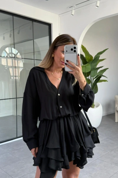 SİYAH ŞİFON ASİMETRİK ETEK UÇLU ELBİSE