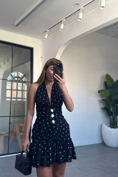 SİYAH ŞİFON GOLD DETAYLI DRAPE MİNİ ELBİSE