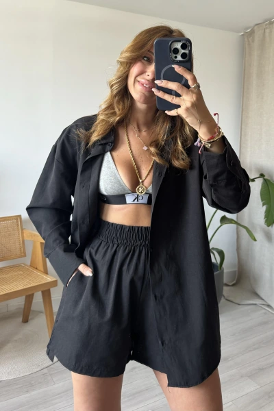 Siyah Şortlu Poplin Takım