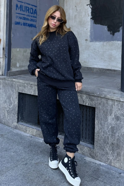 Siyah Taş Baskılı Yumoş Eşofman Takımı