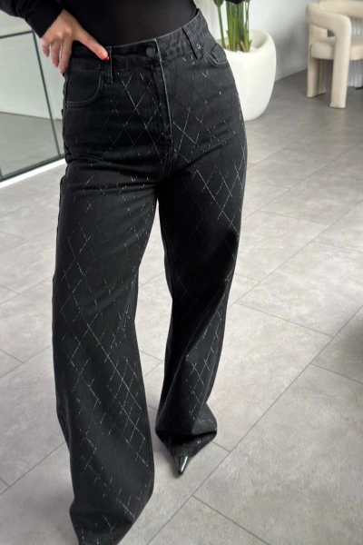 SİYAH TAŞ İŞLEMELİ WİDE LEG JEAN