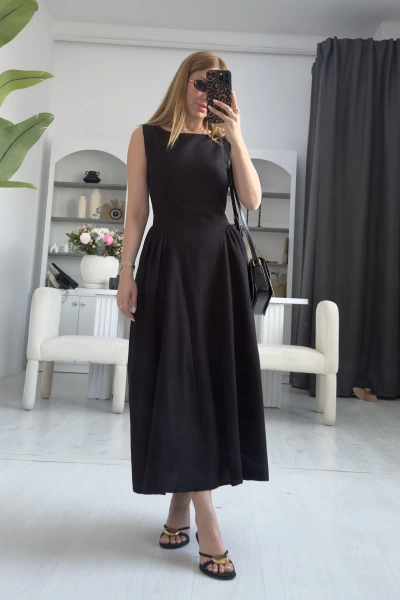 Siyah Tasarım Keten Elbise