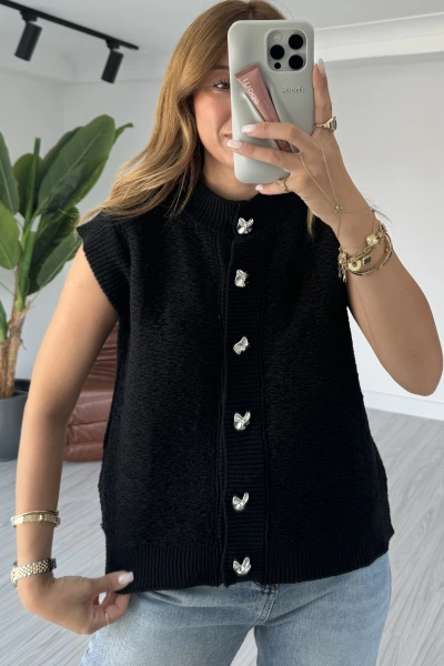 Siyah Tasarım Taşlı Yelek