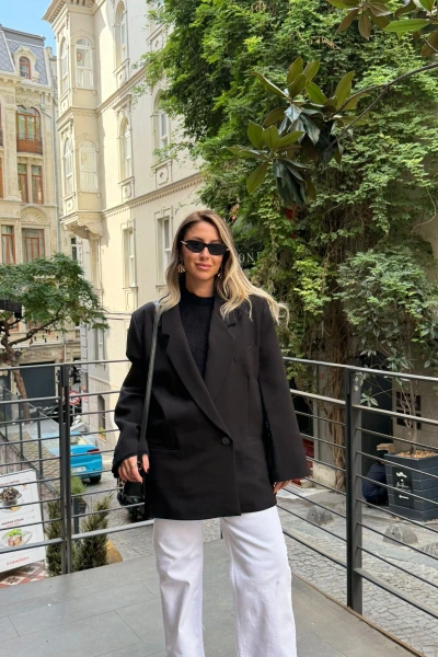 SİYAH TEK DÜĞMELİ OVERSİZE BLAZER CEKET