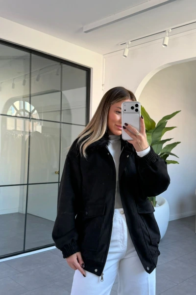 SİYAH TORBA CEPLİ KÜRK YAKA SÜET CEKET