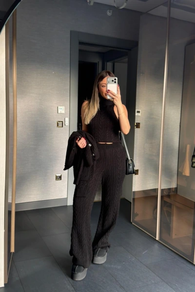 SİYAH ÜÇLÜ SAÇ ÖRGÜ DESEN TRİKO TAKIM