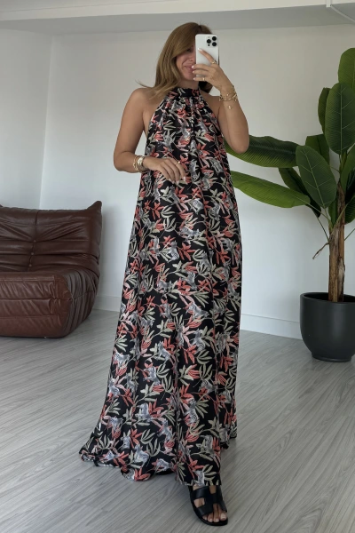 Siyah Zebra Desenli Saten Elbise