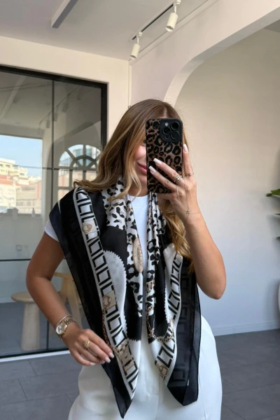 SİYAH ZİNCİR DESEN İPEK ŞAL