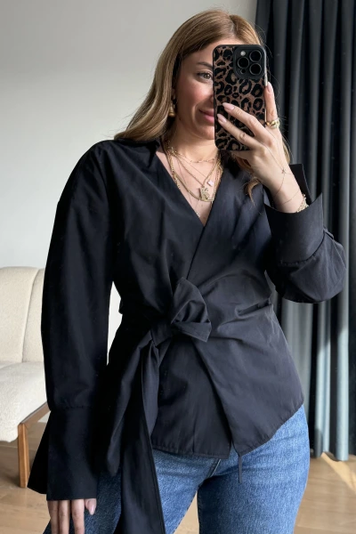 Siyah ZR Model Yandan Bağlamalı Gömlek