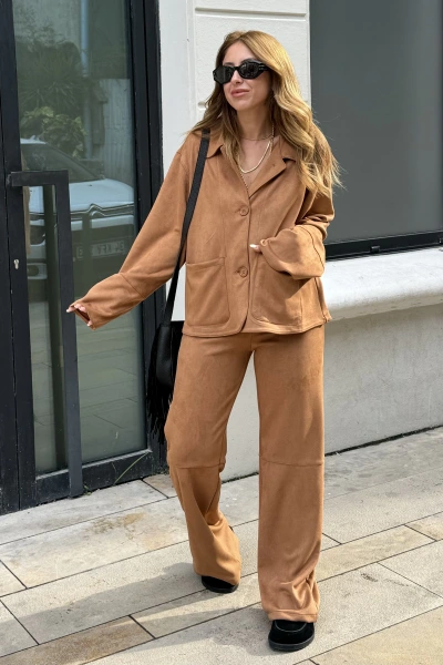 Taba Süet Bebe Yaka Ceket Takım