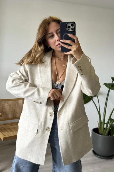 Taş Astarlı Çizgili Keten Ceket