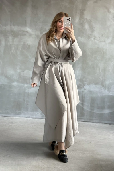 Taş Bel Bağlama Detay Gömlek Elbise