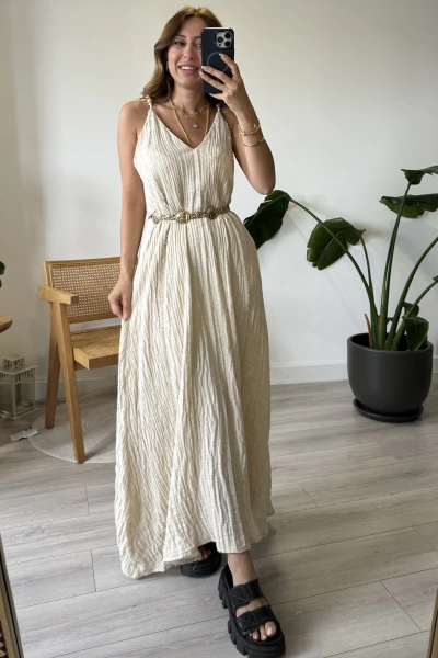 Taş Boncuk Asklı Astarlı Müslin Elbise