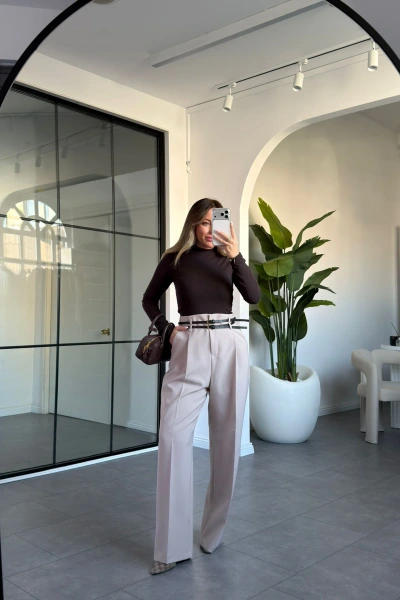 TAŞ ÇİFT KEMERLİ PİLELİ PANTOLON