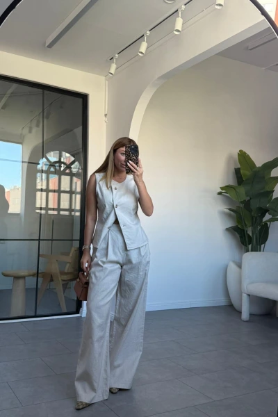 TAŞ DÜĞMELİ YELEKLİ KETEN PANTOLON TAKIM