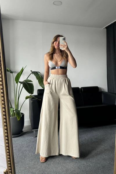 Taş Gabardin Beli Lastikli Pantolon