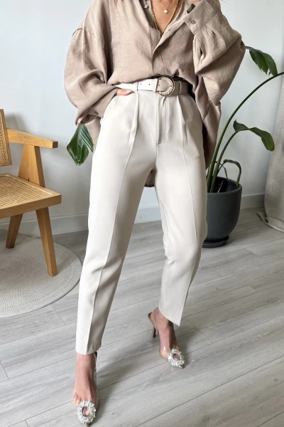 Taş Kemerli Beli Lastikli Sigaret Kumaş Pantolon