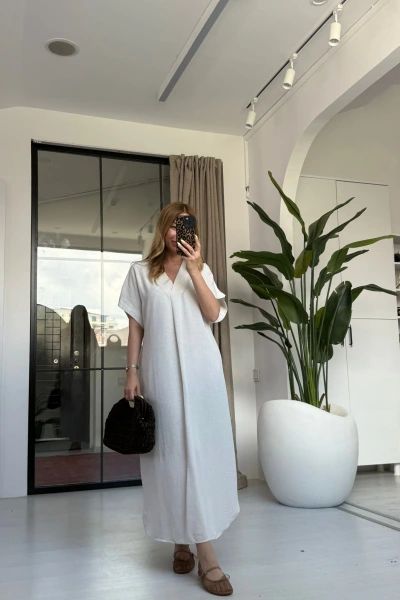 TAŞ KETEN KISA KOL V YAKA ELBİSE