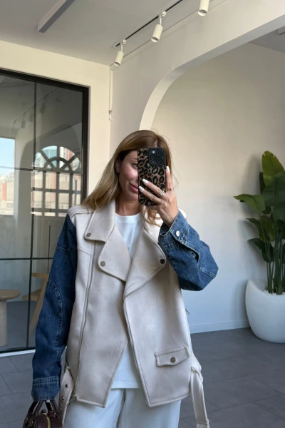 TAŞ KOLLARI KOT DETAYLI SÜET CEKET