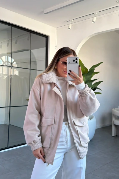 TAŞ TORBA CEPLİ KÜRK YAKA SÜET CEKET