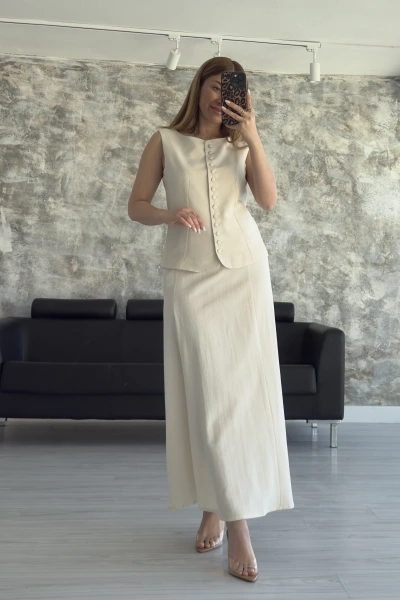 Taş Yelekli Keten Takım